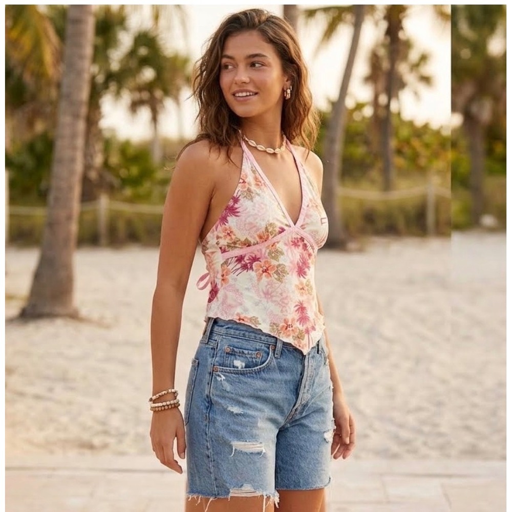 Vtg Maurices Halter Top Small Pink Tropical Floral Handkerchief Hem Y2K Festival